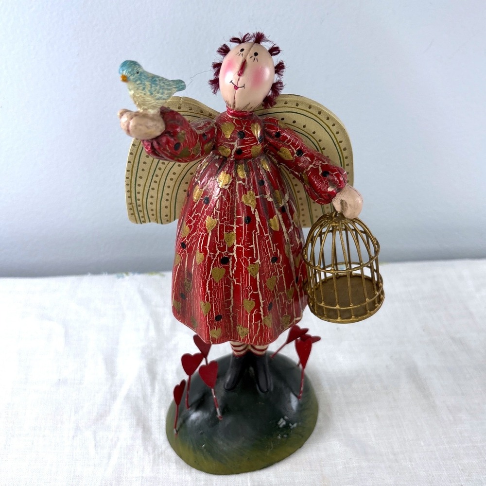 Mary Beth Baxter Folk Art Angel Figurine Red Heart Dress Bird Cage Primitive
